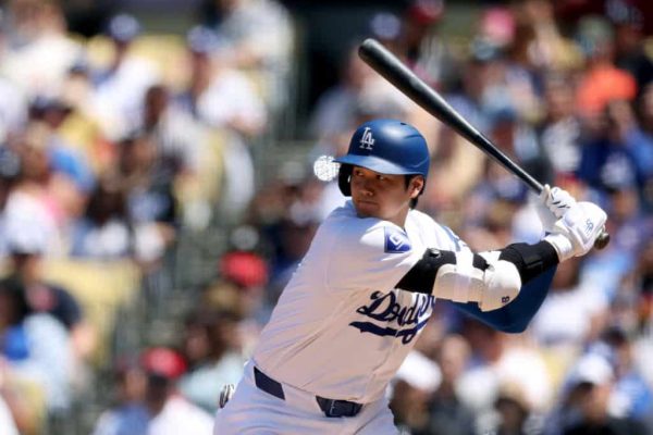 Shohei Ohtani #17 of the Los Angeles Dodgers at bat during a 5-1 win over the Atlanta Braves at Dodger Stadium on May 05, 2024 in Los Angeles, California.
