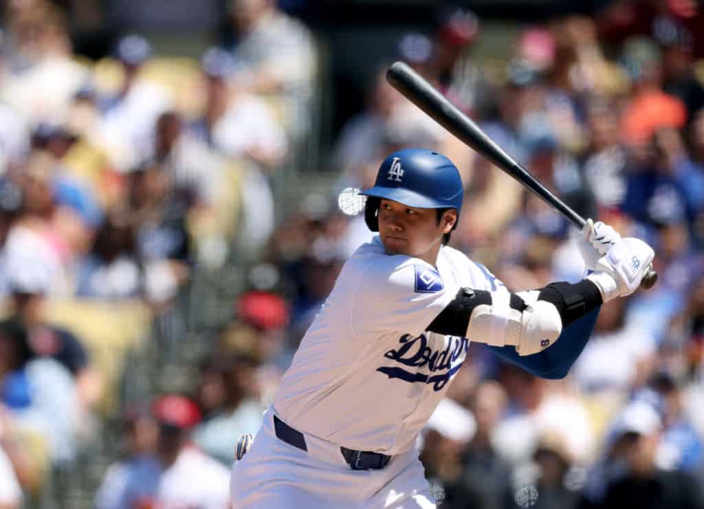 Shohei Ohtani #17 of the Los Angeles Dodgers at bat during a 5-1 win over the Atlanta Braves at Dodger Stadium on May 05, 2024 in Los Angeles, California.