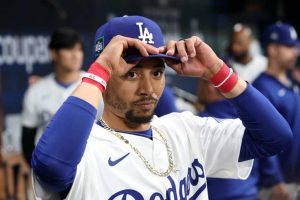 Mookie Betts #50 of the Los Angeles Dodgers is seen in the dugout in the 1st inning during the 2024 Seoul Series game between San Diego Padres and Los Angeles Dodgers at Gocheok Sky Dome on March 21, 2024 in Seoul, South Korea.
