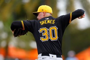 Paul Skenes #30 of the Pittsburgh Pirates pitches during a spring training game against the Baltimore Orioles at Ed Smith Stadium on February 29, 2024 in Sarasota, Florida.