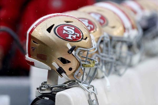 Helmets sit on the bench of the San Francisco 49ers during their game against the Washington Redskins at FedExField on October 20, 2019 in Landover, Maryland