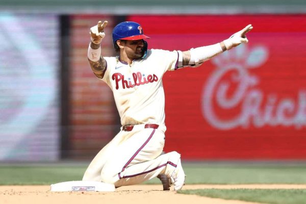 Nick Castellanos #8 of the Philadelphia Phillies reacts after hitting a double during the seventh inning against the Toronto Blue Jays at Citizens Bank Park on May 08, 2024 in Philadelphia, Pennsylvania.