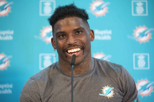 Tyreek Hill talks to the media during a Miami Dolphins press conference at PSD Bank Arena on November 02, 2023 in Frankfurt am Main, Germany.