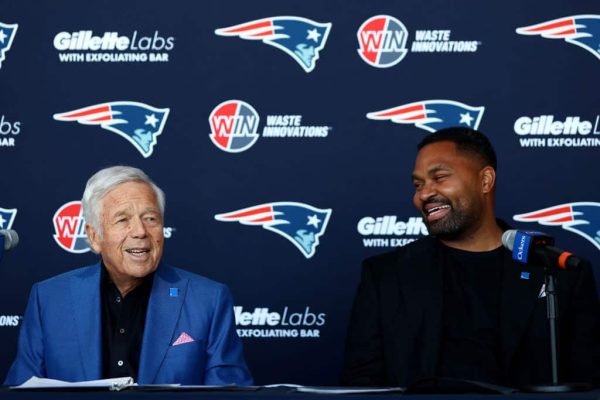 Owner Robert Kraft and newly appointed head coach Jerod Mayo of the New England Patriots speak to the media during a press conference at Gillette Stadium on January 17, 2024 in Foxborough, Massachusetts.