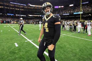 Derek Carr #4 of the New Orleans Saints celebrates after New Orleans 16-15 win over the Tennessee Titans at Caesars Superdome on September 10, 2023 in New Orleans, Louisiana.