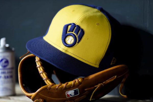 A Milwaukee Brewers hat in the dugout during the game against the Baltimore Orioles at Oriole Park at Camden Yards on April 13, 2022 in Baltimore, Maryland.