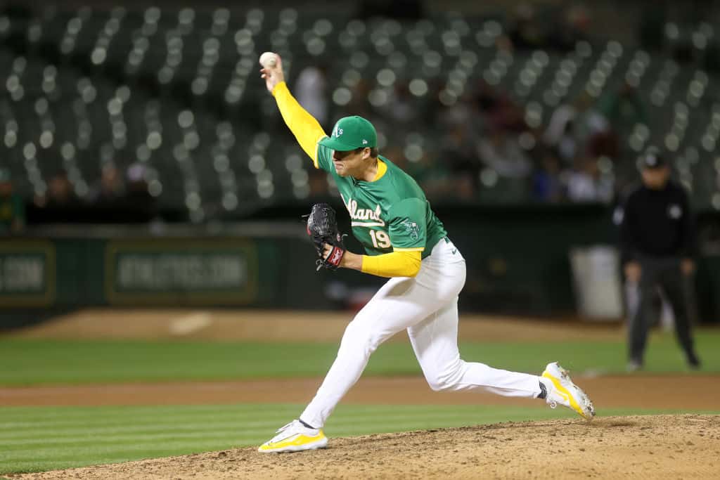 Mason Miller #19 of the Oakland Athletics pitches against the Pittsburgh Pirates in the ninth inning at Oakland Coliseum on April 30, 2024 in Oakland, California.