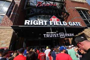 Fans enter Truist Park prior to opening day between the Atlanta Braves and the San Diego Padres on April 06, 2023 in Atlanta, Georgia.