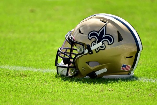 A New Orleans Saints helmet is seen on the field before the game between the New Orleans Saints and the Jacksonville Jaguars at TIAA Bank Field on October 13, 2019 in Jacksonville, Florida.