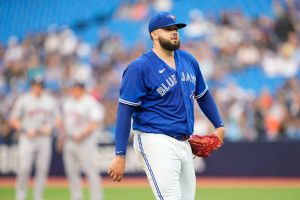 Alek Manoah #6 of the Toronto Blue Jays walks off the field after being pulled from the game in the first inning against the Houston Astros in their MLB game at the Rogers Centre on June 5, 2023 in Toronto, Ontario, Canada.