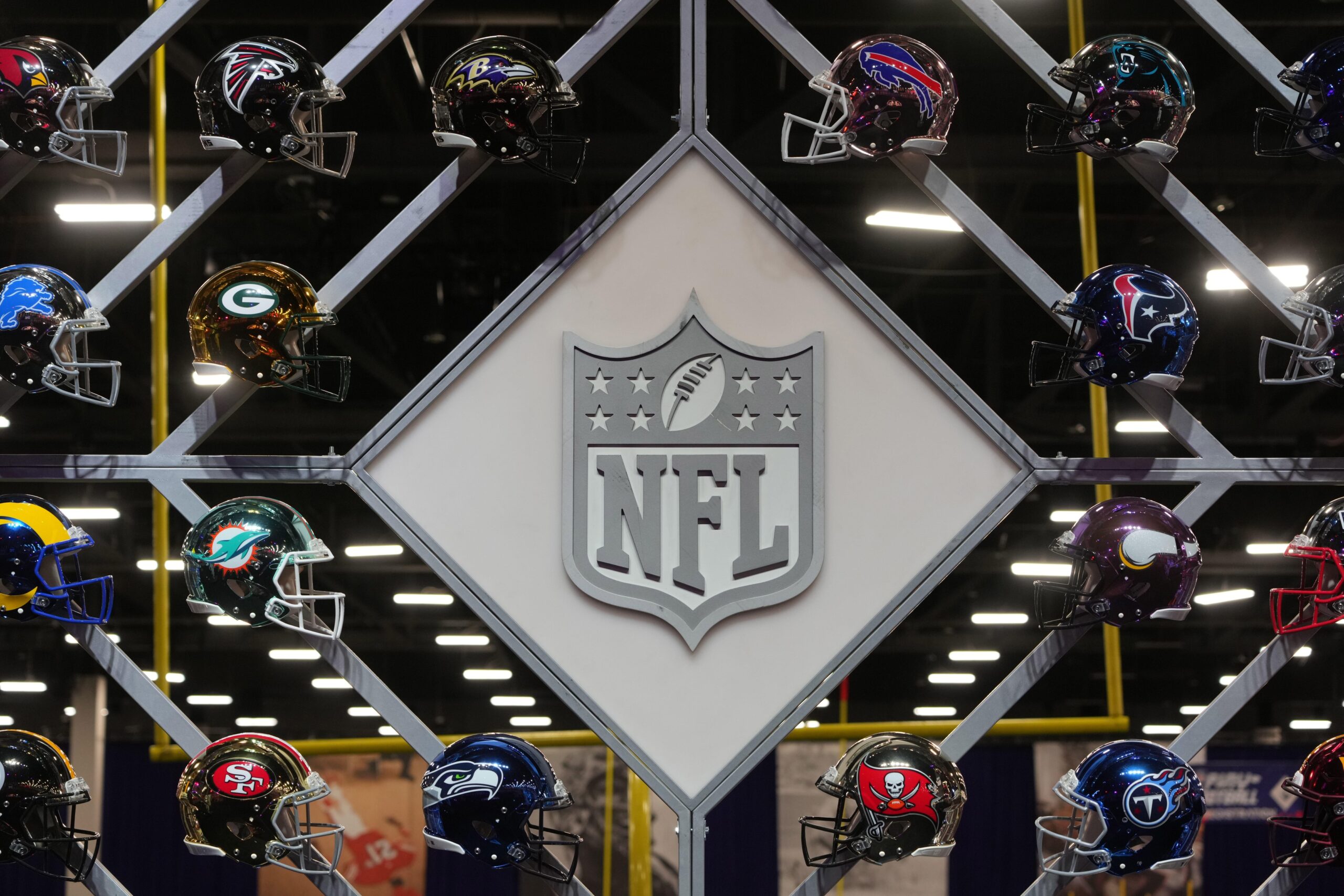 A NFL shield logo at the NFL Experience at the Mandalay Bay North Convention Center. Mandatory Credit: Kirby Lee-USA TODAY Sports