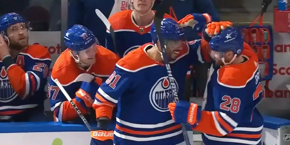 Warren Foegele Connor Brown and Evander Kane celebrate Brown’s goal for the Oilers