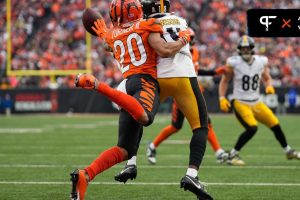 Cincinnati Bengals DB DJ Turner II breaks up a pass intended for Pittsburgh Steelers WR Diontae Johnson (18).