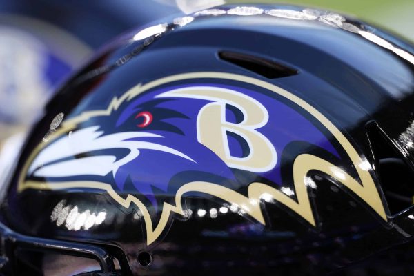 A detailed view of the Baltimore Ravens helmet during the 2023 NFL London Games match between Baltimore Ravens and Tennessee Titans at Tottenham Hotspur Stadium on October 15, 2023 in London, England.