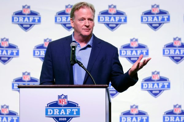 NFL Commissioner Roger Goodell speaks Aug. 14, 2023 at Johnsonville Tailgate Village in Green Bay during a promotional event for the 2025 NFL Draft, which will be held in and around Lambeau Field.