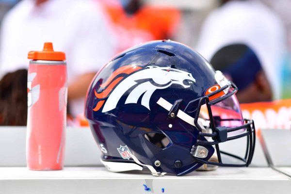A detailed view of a Denver Broncos helmet during the game between the Denver Broncos and the Jacksonville Jaguars at TIAA Bank Field on September 19, 2021 in Jacksonville, Florida.
