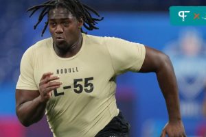 Houston Cougars OT Patrick Paul runs drills at the 2024 NFL Scouting Combine.