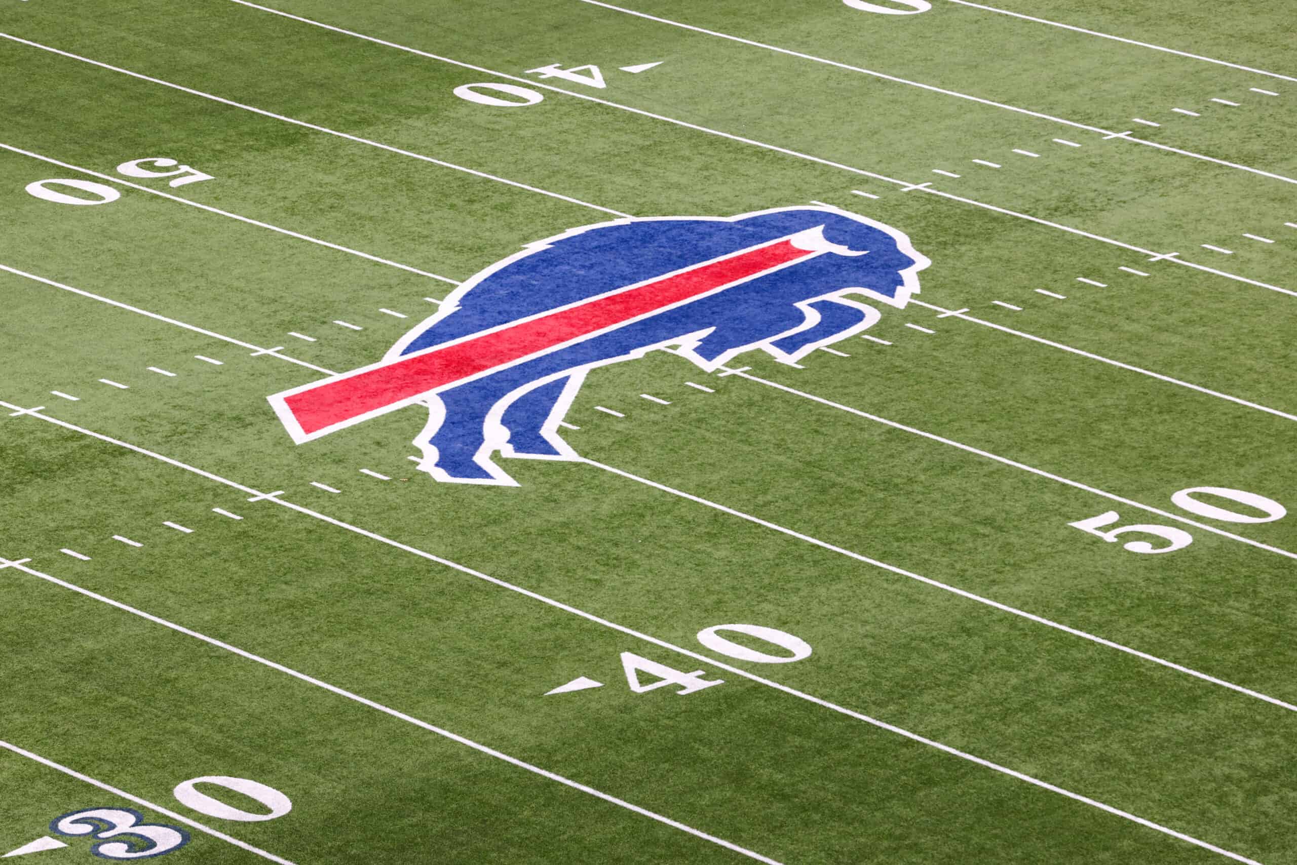 The Buffalo Bills logo is seen on the field prior to a game against the Cincinnati Bengals in the AFC Divisional Playoff game at Highmark Stadium on January 22, 2023 in Orchard Park, New York.