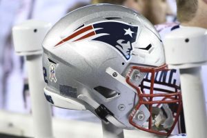New England Patriots helmet sits on the bench during the game between the New England Patriots and the Philadelphia Eagles on November 17, 2019 at Lincoln Financial Field in Philadelphia, PA.