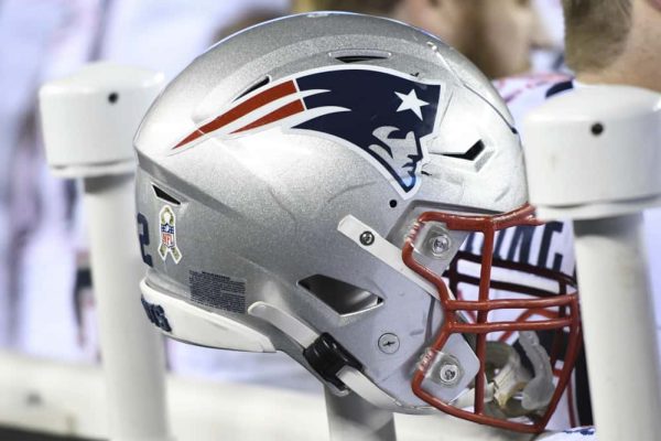 New England Patriots helmet sits on the bench during the game between the New England Patriots and the Philadelphia Eagles on November 17, 2019 at Lincoln Financial Field in Philadelphia, PA.