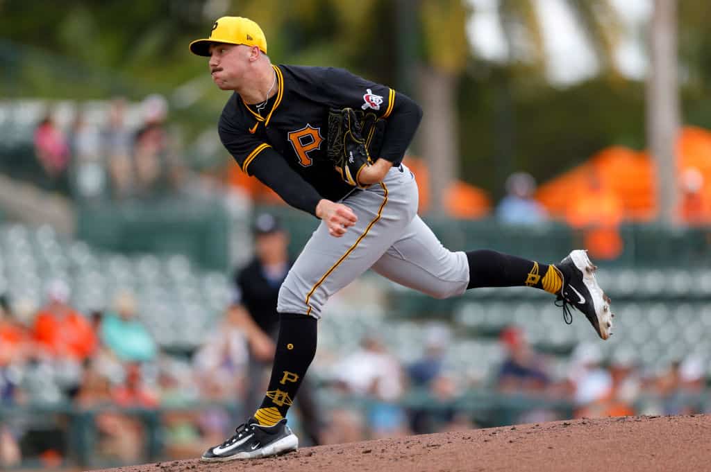 Paul Skenes #30 of the Pittsburgh Pirates pitches during a spring training game against the Baltimore Orioles at Ed Smith Stadium on February 29, 2024 in Sarasota, Florida.
