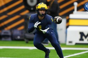 Michigan Wolverines wide receiver Roman Wilson (1) catches the ball during a practice session before the College Football Playoff national championship game against the Washington Huskies at NRG Stadium.