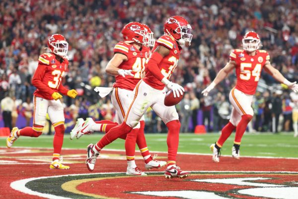 Kansas City Chiefs cornerback Jaylen Watson (35) celebrates after recovering a muffed punt against the San Francisco 49ers in the second half in Super Bowl LVIII at Allegiant Stadium.