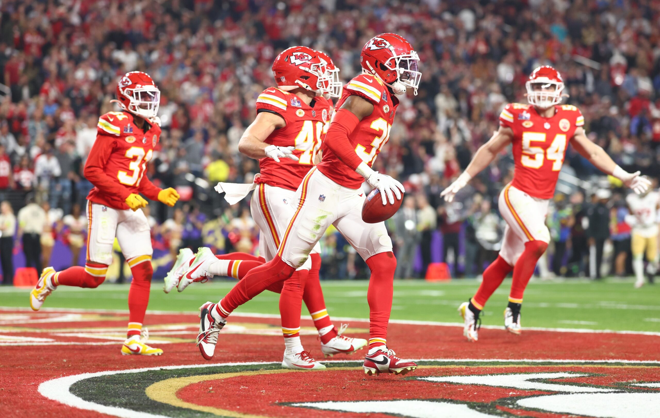 Kansas City Chiefs cornerback Jaylen Watson (35) celebrates after recovering a muffed punt against the San Francisco 49ers in the second half in Super Bowl LVIII at Allegiant Stadium.