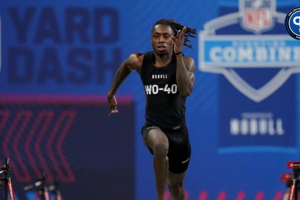 Texas wide receiver Xavier Worthy (WO40) ran an official time of 4.21 seconds to set a combine record during the 2024 NFL Combine at Lucas Oil Stadium.