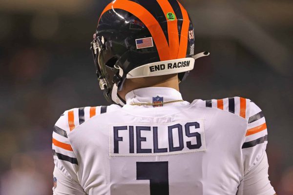 Justin Fields #1 of the Chicago Bears is seen during warm-ups before a game against the Minnesota Vikings at Soldier Field on December 20, 2021 in Chicago, Illinois. The Vikings defeated the Bears 17-9.