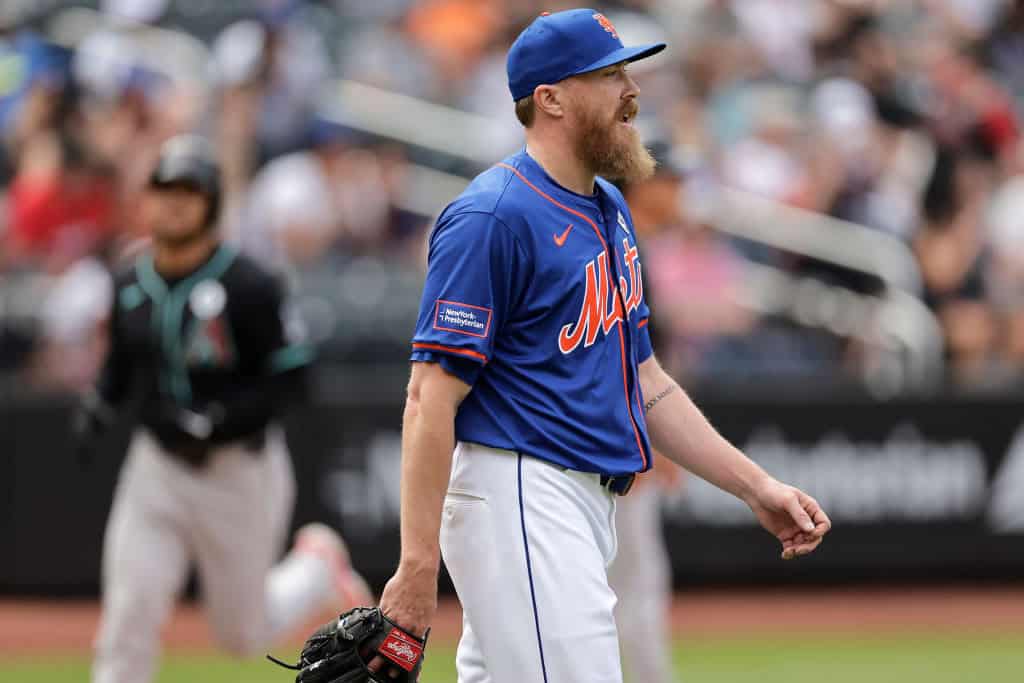 Jake Diekman #30 of the New York Mets reacts after giving up a two-run home run to Ketel Marte #4 of the Arizona Diamondbacks during the ninth inning at Citi Field on June 2, 2024 in New York City. The Diamondbacks won 5-4.