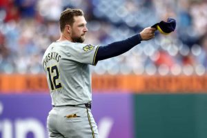 Rhys Hoskins #12 of the Milwaukee Brewers greets fans before playing against the Philadelphia Phillies at Citizens Bank Park on June 03, 2024 in Philadelphia, Pennsylvania.