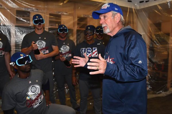 Tigers Announce Plans to Pay Tribute to Jim Leyland Jim Leyland, manger for team United States, talks to the team in the locker room after their 8-0 win over team Puerto Rico during Game 3 of the Championship Round of the 2017 World Baseball Classic at Dodger Stadium on March 22, 2017 in Los Angeles, California.