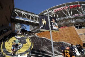Fans walk around the stadium prior to a game between the Arizona Diamondbacks and the San Diego Padres on Opening Day at PETCO Park on April 01, 2021 in San Diego, California.