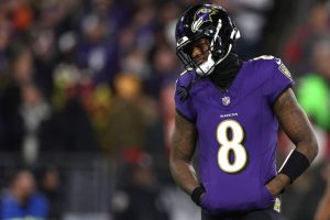 Lamar Jackson #8 of the Baltimore Ravens reacts against the Kansas City Chiefs during the fourth quarter in the AFC Championship Game at M&T Bank Stadium on January 28, 2024 in Baltimore, Maryland.