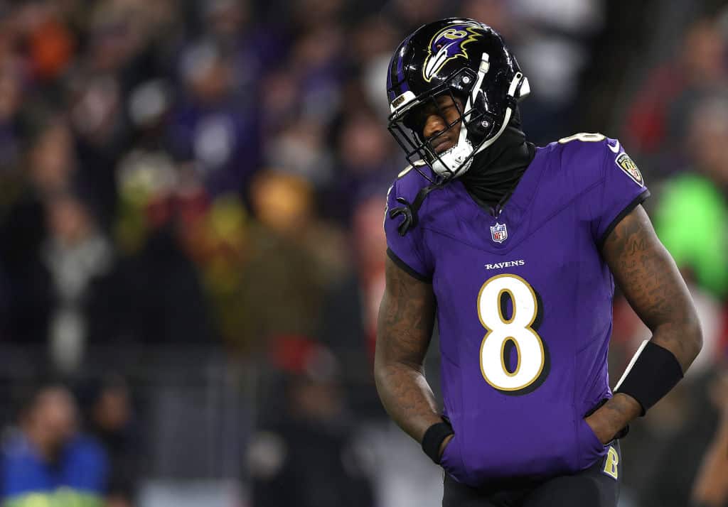 Lamar Jackson #8 of the Baltimore Ravens reacts against the Kansas City Chiefs during the fourth quarter in the AFC Championship Game at M&T Bank Stadium on January 28, 2024 in Baltimore, Maryland.