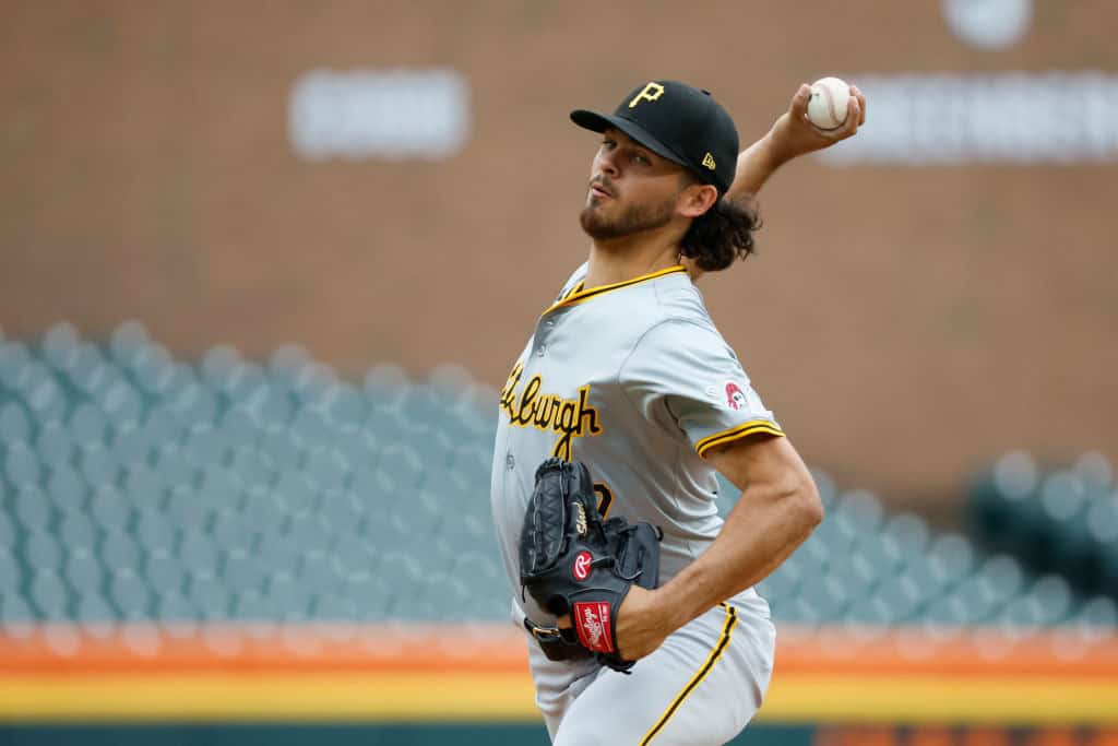 Jared Jones #37 of the Pittsburgh Pirates pitches against the Detroit Tigers during game one of a doubleheader at Comerica Park on May 29, 2024 in Detroit, Michigan.