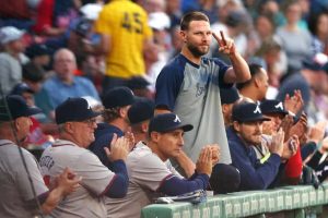 Chris Sale #51 of the Atlanta Braves, former Red Sox player, acknowledges the crowd during the second inning at Fenway Park on June 04, 2024 in Boston, Massachusetts.