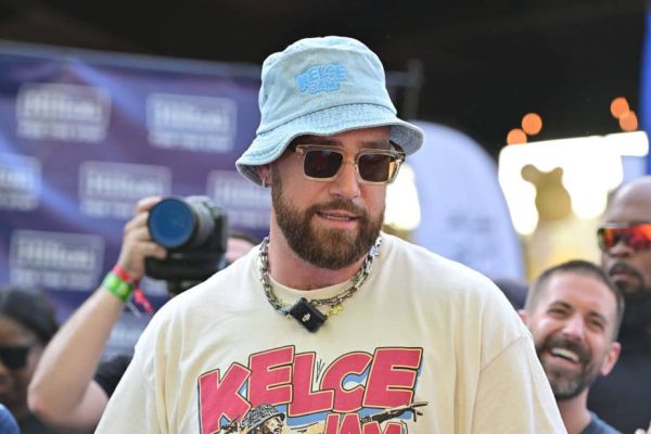 Travis Kelce interacts with fans during Kelce Jam 2024 at Azura Amphitheater on May 18, 2024 in Bonner Springs, Kansas.