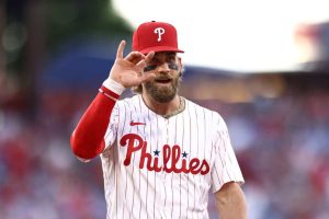 Bryce Harper #3 of the Philadelphia Phillies waves to fans before a game against the St. Louis Cardinals at Citizens Bank Park on June 01, 2024 in Philadelphia, Pennsylvania.