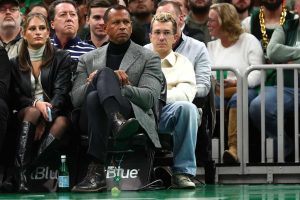 Former New York Yankees player Alex Rodriguez watches the game between the Minnesota Timberwolves and Boston Celtics at TD Garden on January 10, 2024 in Boston, Massachusetts.