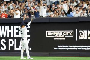 Juan Soto #22 of the New York Yankees acknowledges the fans against the Minnesota Twins during the eighth inning at Yankee Stadium on June 05, 2024 in the Bronx borough of New York City.