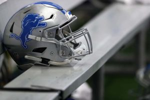 A Detroit Lions helmet at AT&T Stadium on September 30, 2018 in Arlington, Texas.