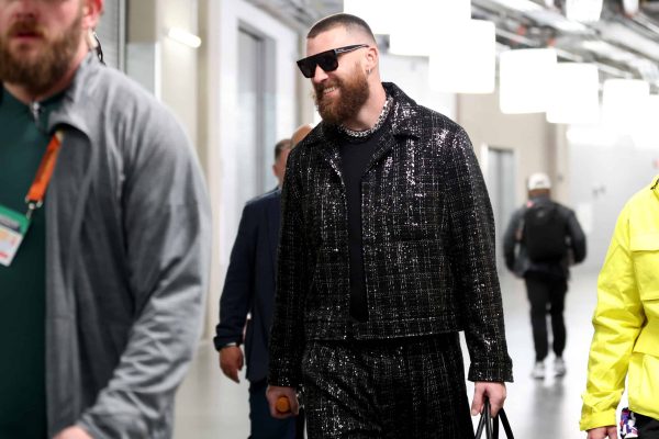 LAS VEGAS, NEVADA - FEBRUARY 11: Travis Kelce #87 of the Kansas City Chiefs walks through the tunnel as he leaves the stadium after defeating the San Francisco 49ers 25-22 in overtime during Super Bowl LVIII at Allegiant Stadium on February 11, 2024 in Las Vegas, Nevada.