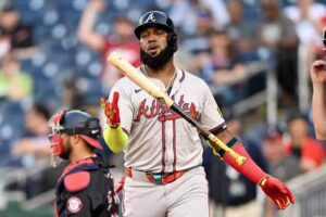 Marcell Ozuna #20 of the Atlanta Braves reacts after striking out in the first inning against the Washington Nationals at Nationals Park on June 06, 2024 in Washington, DC.