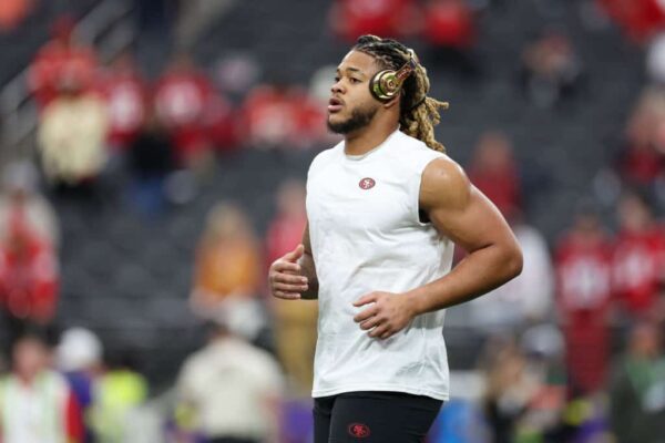Chase Young #92 of the San Francisco 49ers warms up before Super Bowl LVIII against the Kansas City Chiefs at Allegiant Stadium on February 11, 2024 in Las Vegas, Nevada.