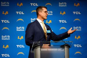Newly appointed head coach Jim Harbaugh of the Los Angeles Chargers speaks to the media during a press conference at YouTube Theater on February 01, 2024 in Inglewood, California.