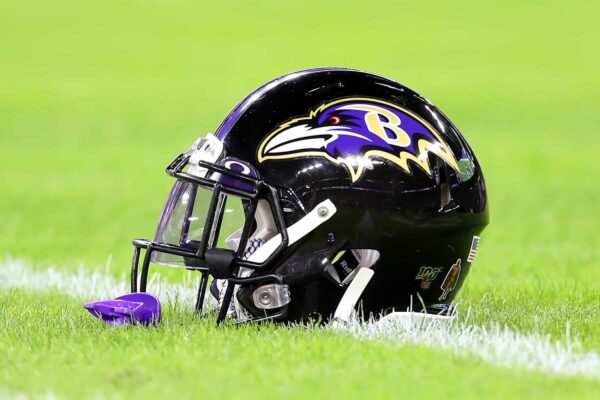 A detail of a Baltimore Ravens helmet before the AFC Divisional Playoff game between the Baltimore Ravens and the Tennessee Titans at M&T Bank Stadium on January 11, 2020 in Baltimore, Maryland.
