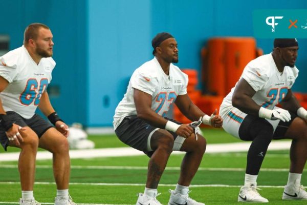 Miami Dolphins offensive linemen work out at the Baptist Health Training Complex.
