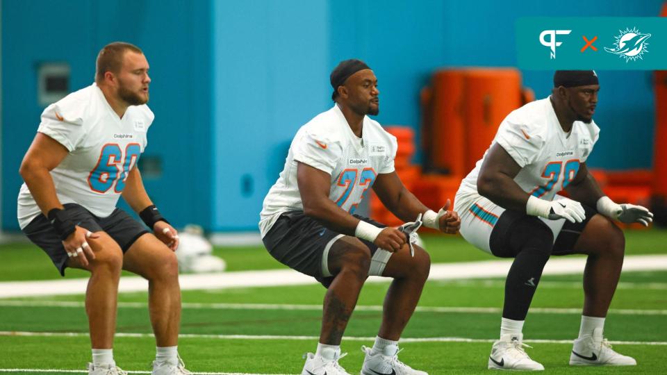 Miami Dolphins offensive linemen work out at the Baptist Health Training Complex.